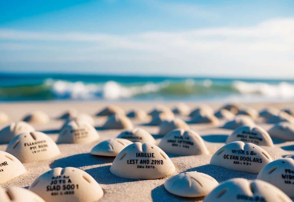 A beach scene with scattered sand dollars, each personalized with wedding details, set against a backdrop of sun, sand, and ocean waves