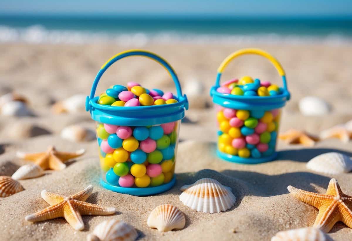 Mini beach pails filled with colorful candies, arranged on sandy beach with seashells and starfish scattered around