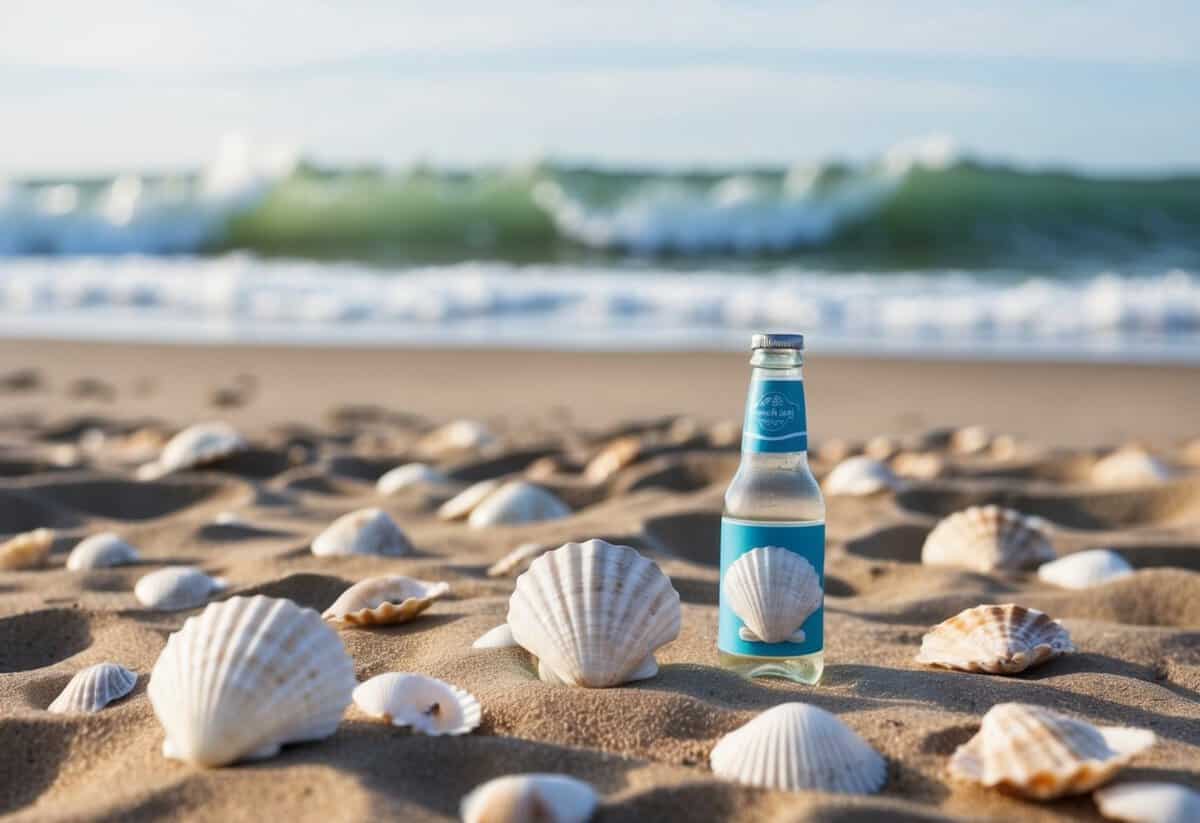 A sandy beach with seashells scattered around, waves crashing in the background, and a table adorned with shell bottle openers as wedding favors