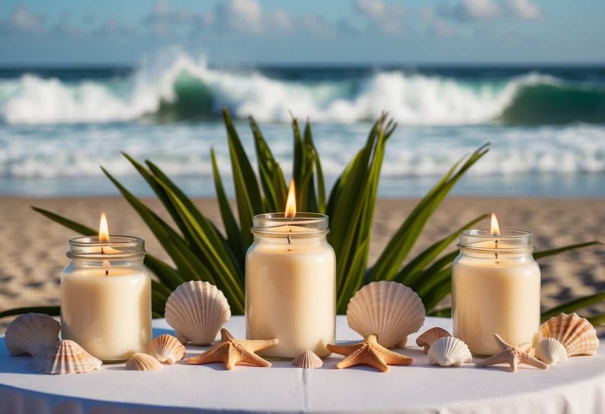 A table adorned with tropical scented candles in glass jars, surrounded by seashells and starfish, set against a backdrop of a sandy beach and crashing waves