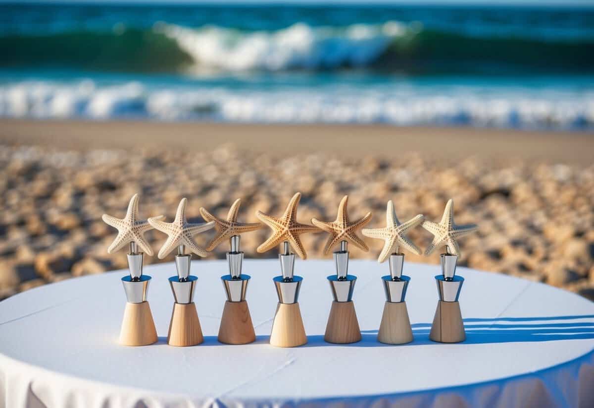 A beach wedding reception table with starfish wine stoppers as wedding favors, set against a backdrop of sand and ocean waves