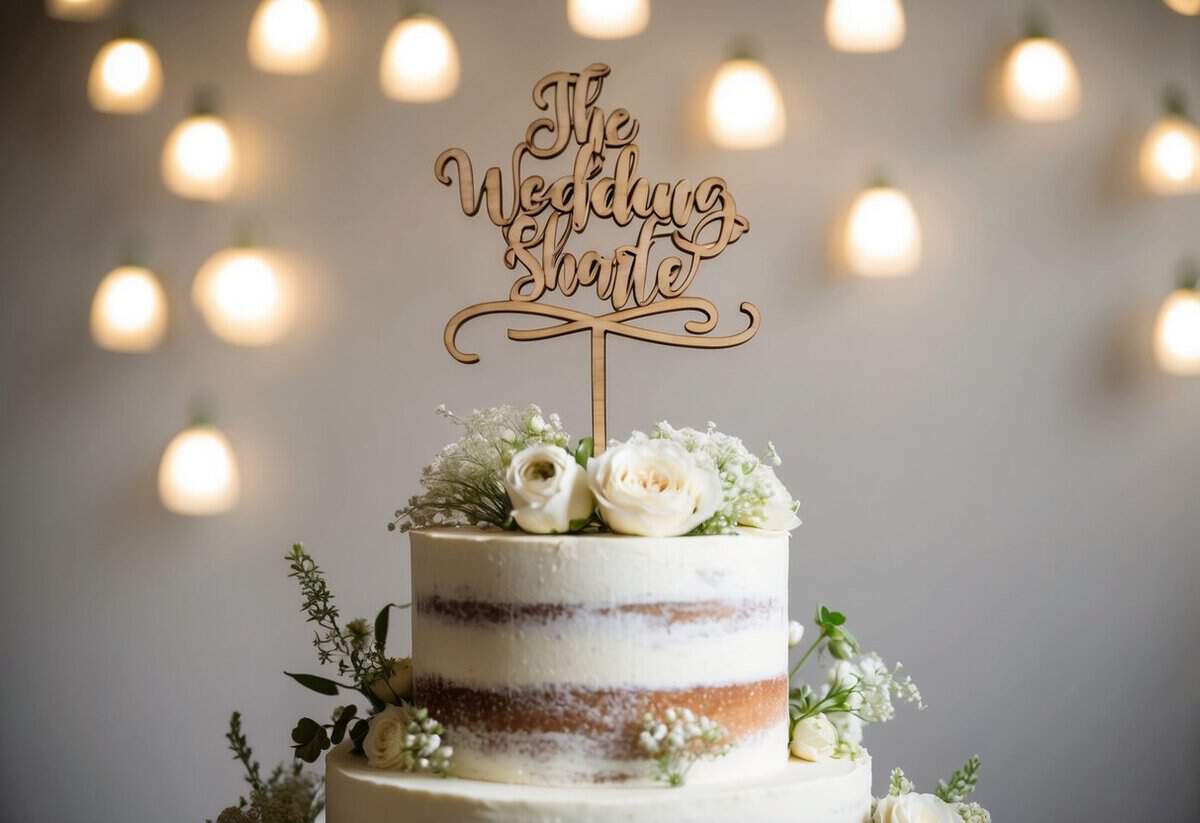 A wooden cake topper with personalized details sits atop a tiered wedding cake, surrounded by delicate floral decorations