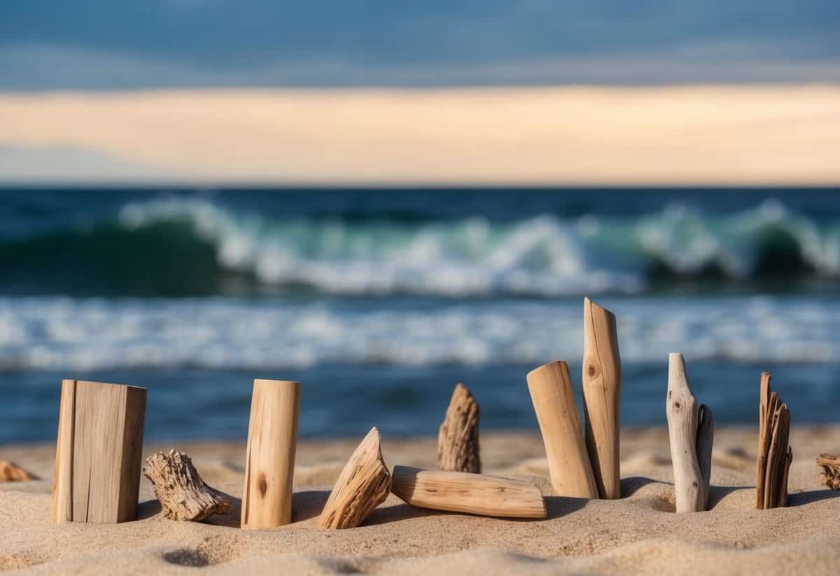 Driftwood magnets arranged on sandy beach backdrop with ocean waves in the background