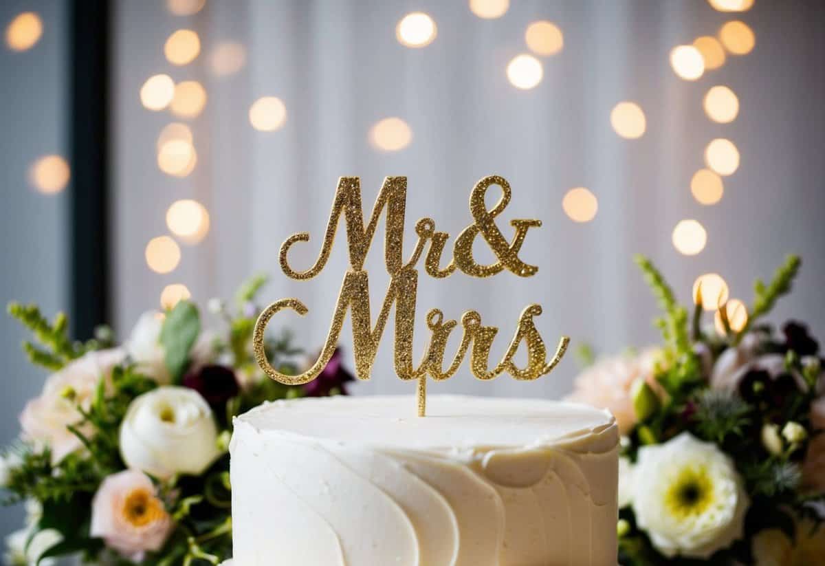 A glittery cake topper featuring Mr & Mrs, surrounded by wedding decor and flowers