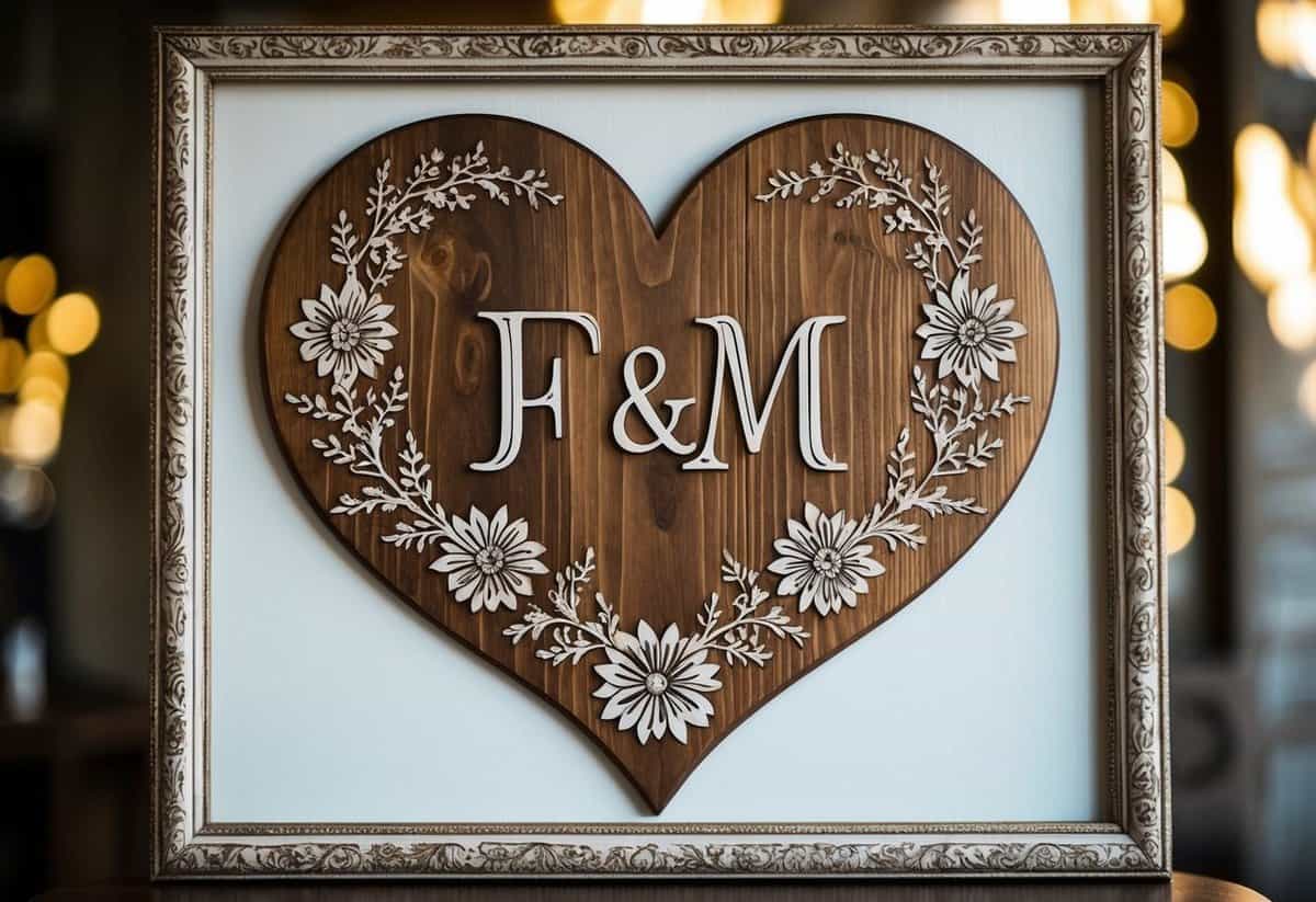 A wooden wall art piece with the couple's initials carved in a heart, surrounded by intricate floral patterns and a vintage frame