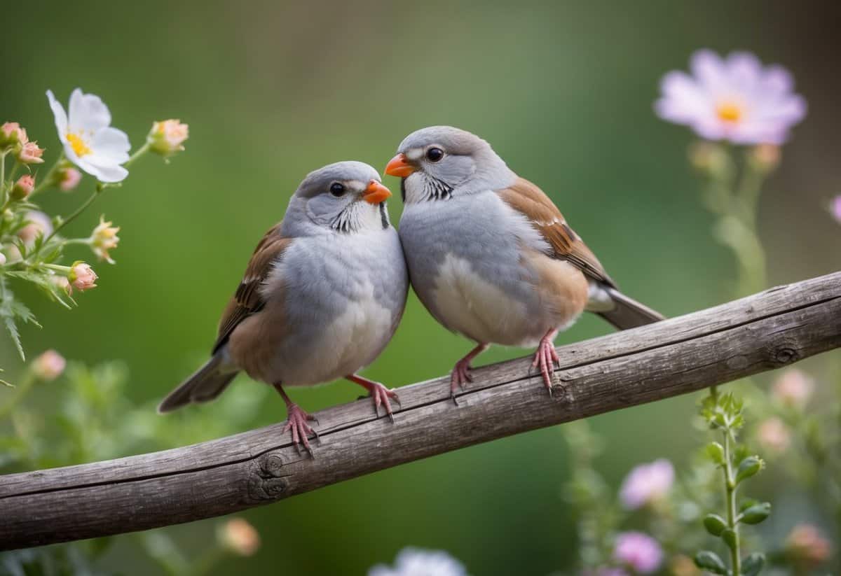 Two love birds perched on a rustic wooden branch, surrounded by delicate flowers and greenery