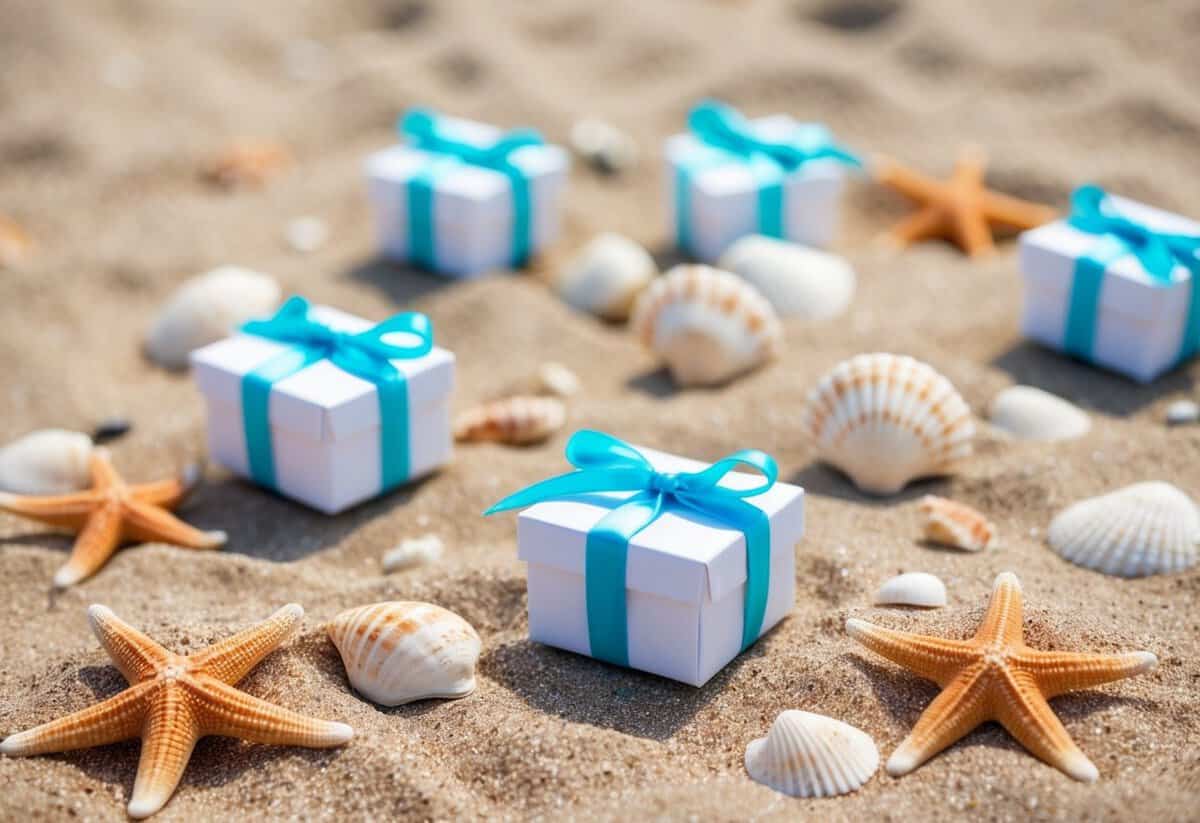 A sandy beach with seashells and starfish scattered around small favor boxes tied with ribbon