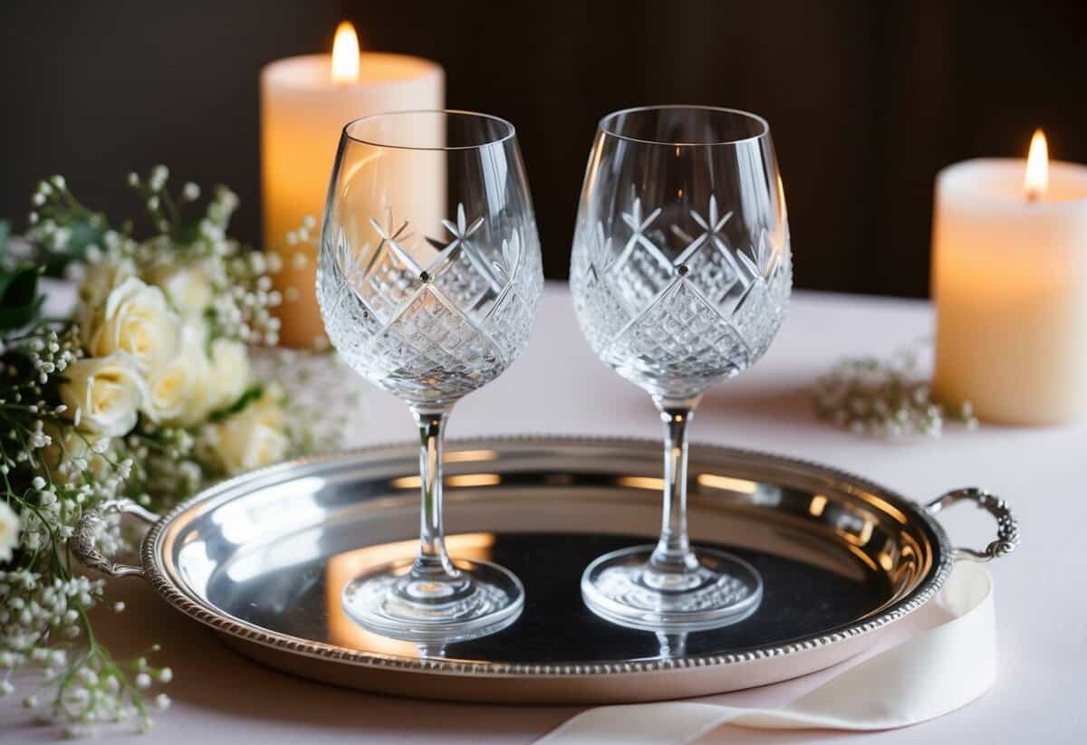 Two crystal wine glasses placed on a silver tray with a ribbon, surrounded by delicate flowers and soft candlelight