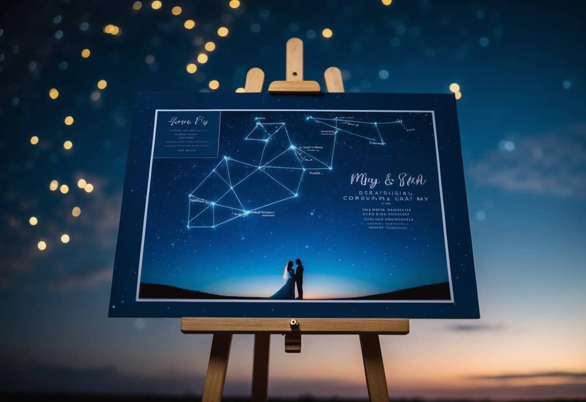 A serene night sky with a personalized star map, highlighting the constellations and stars of the couple's wedding day