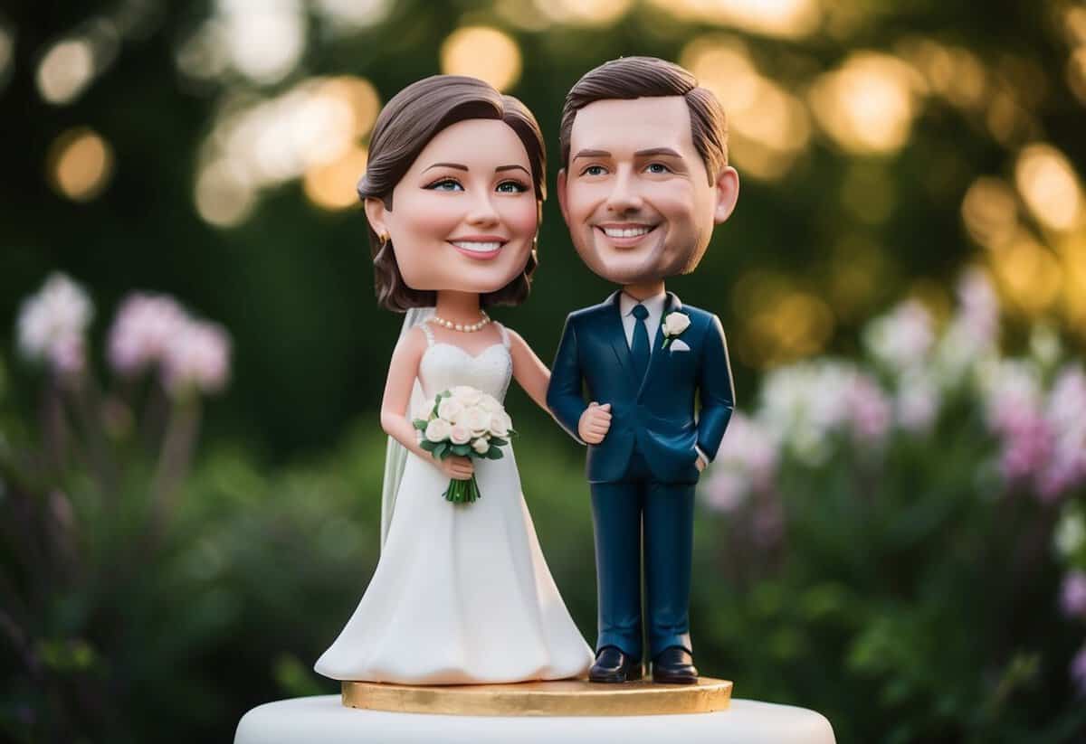 A custom bobblehead cake topper of a newlywed couple standing arm in arm, smiling and gazing at each other lovingly