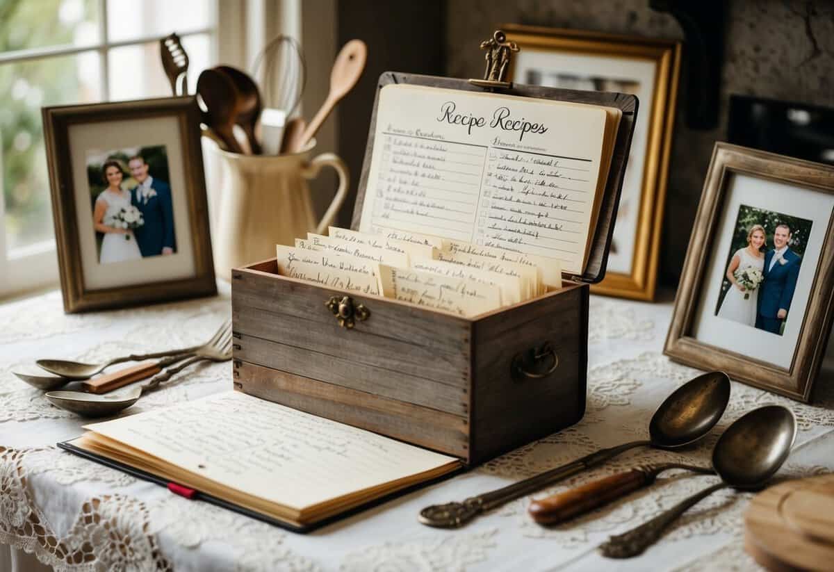 A weathered wooden recipe journal, filled with handwritten family recipes, sits on a lace tablecloth surrounded by antique kitchen utensils and framed wedding photos