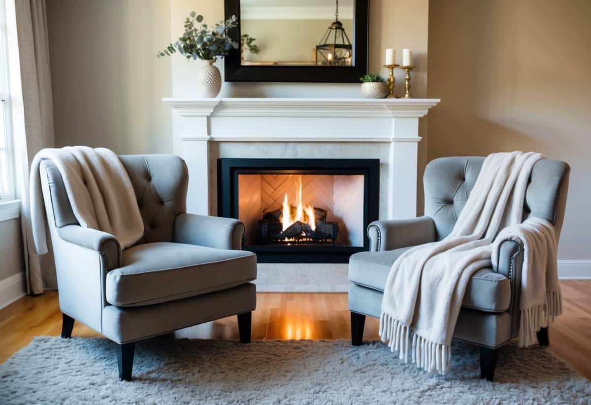 A cozy living room with a crackling fireplace, two plush armchairs, and a soft, elegant fleece throw blanket draped over the back of one chair