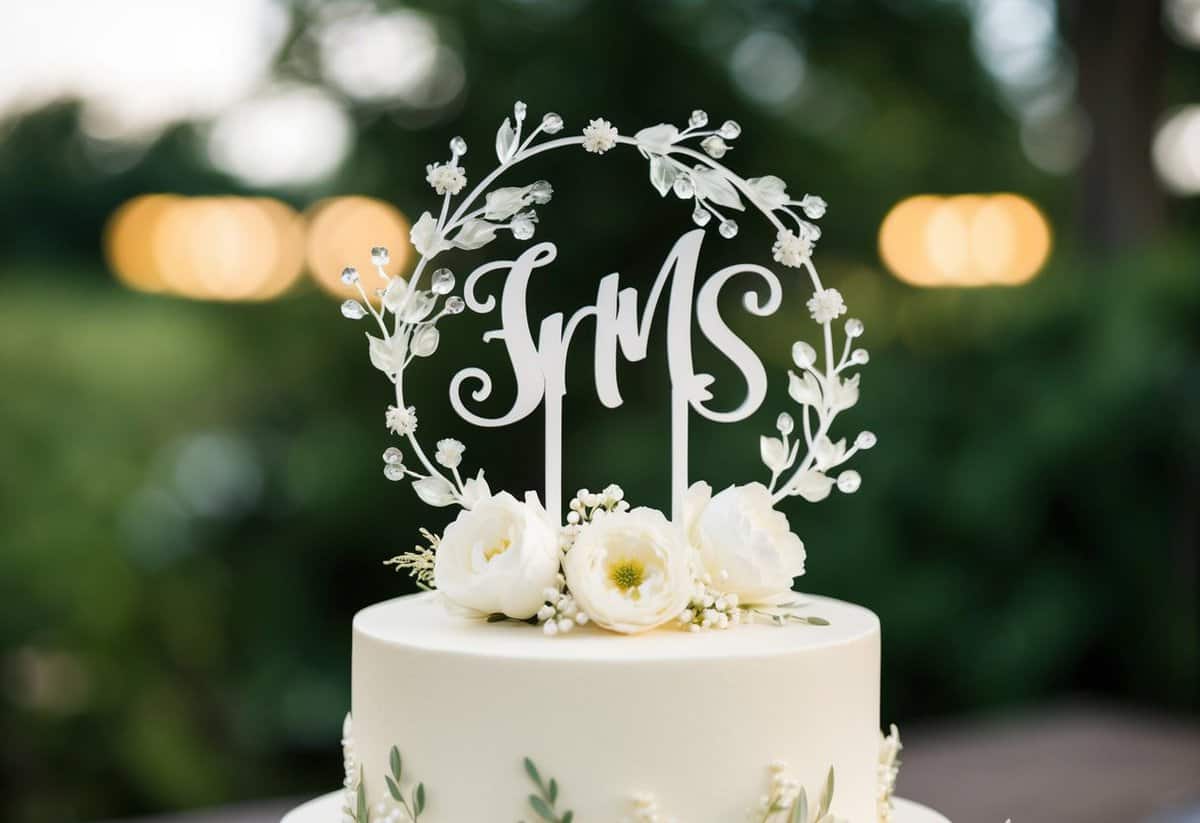 An elegant acrylic cake topper with initials, surrounded by delicate floral decorations, set on top of a beautifully decorated wedding cake