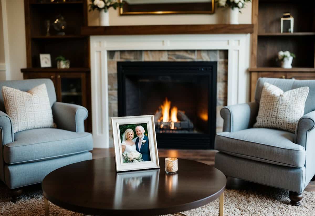 A cozy living room with a fireplace, two armchairs, and a coffee table holding a photo frame with a wedding picture of an older couple