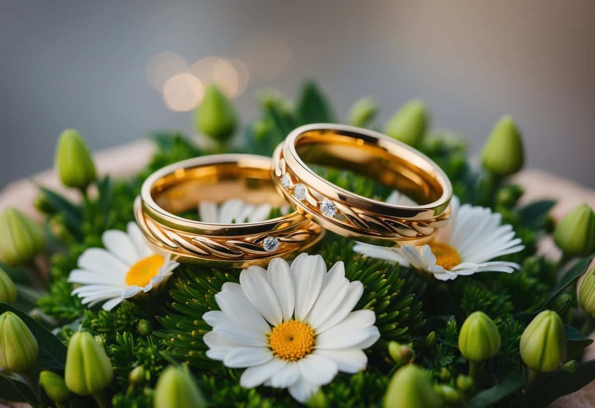 A pair of intertwined golden wedding rings atop a bed of fresh flowers and greenery