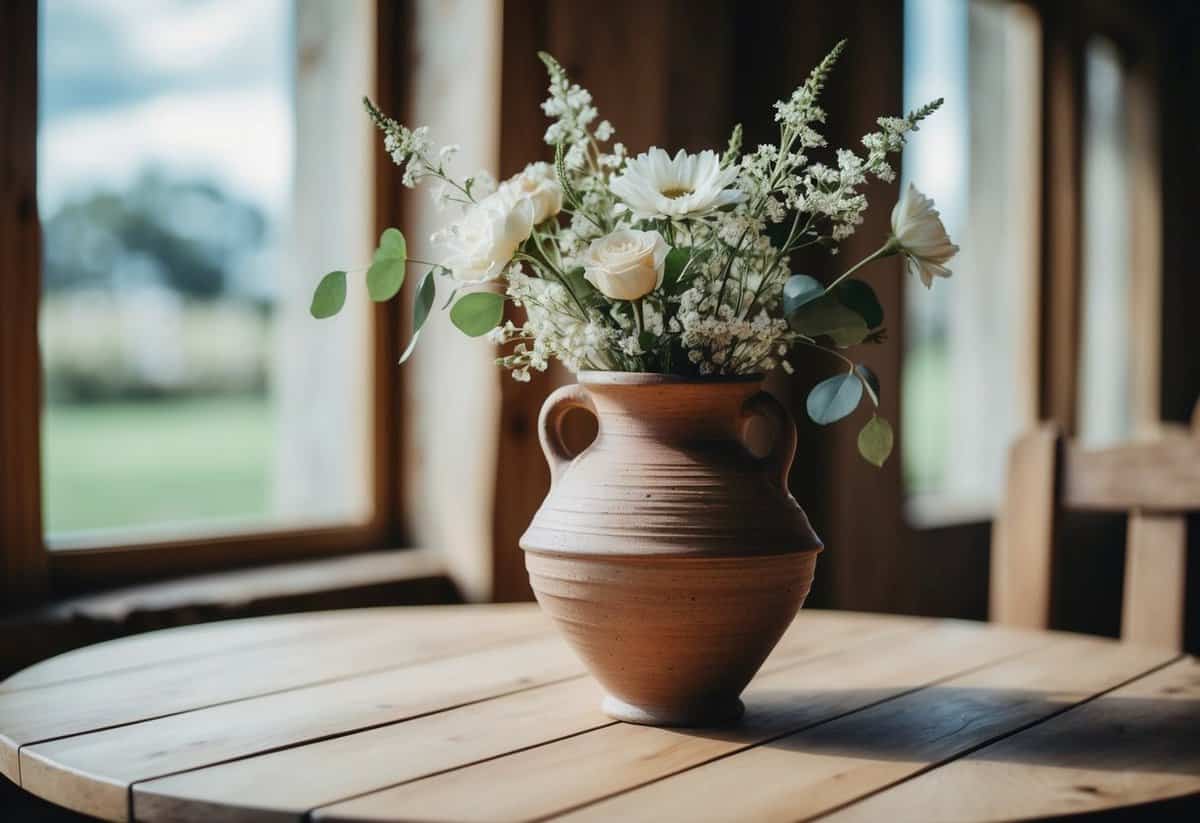 A rustic handcrafted pottery vase sits on a wooden table, adorned with delicate flowers, ready to be given as a wedding gift to an older couple