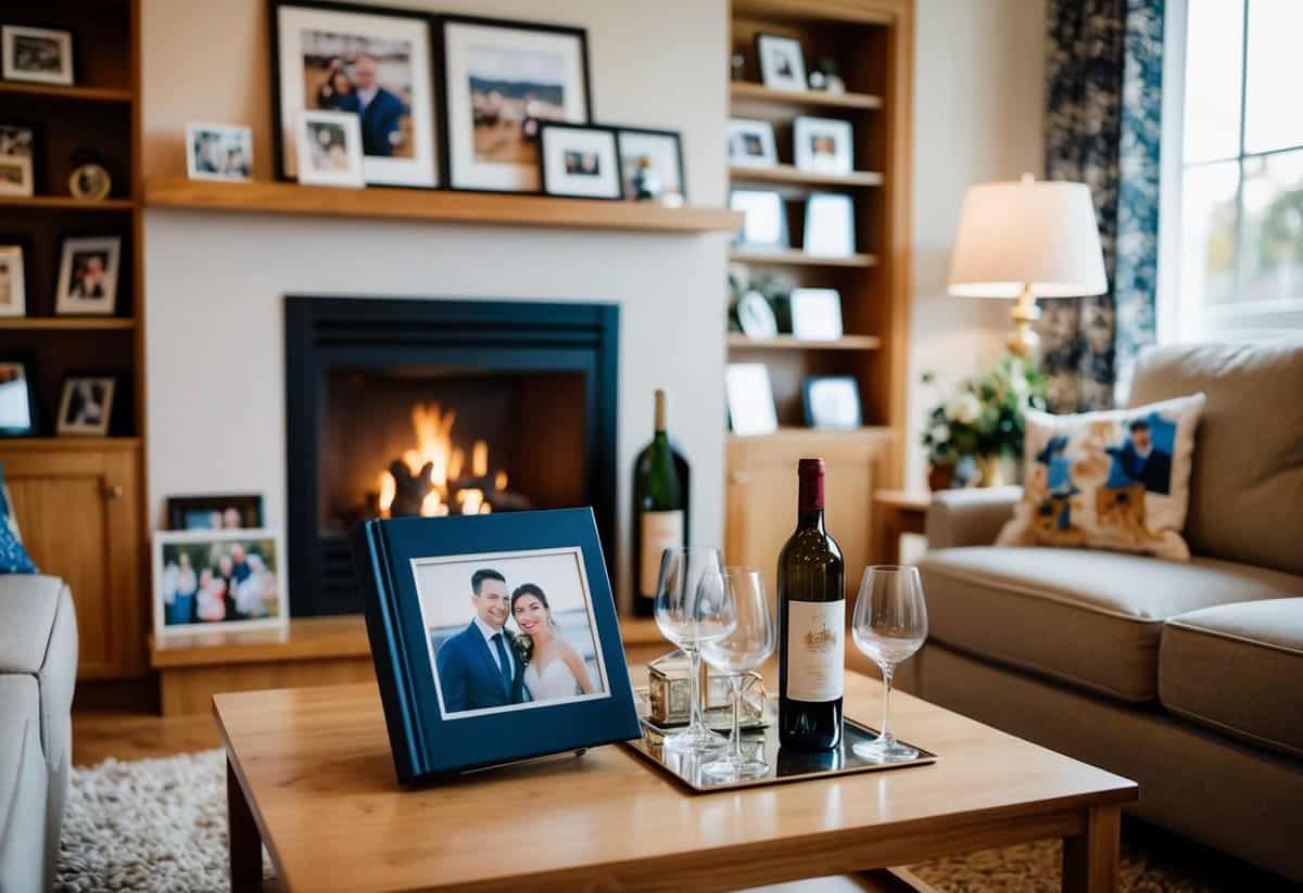 A cozy living room with a fireplace, filled with framed photos and mementos. A custom-made wedding album and a vintage wine set sit on the coffee table