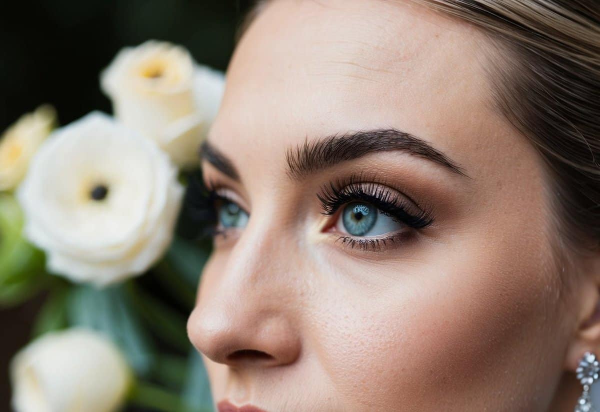 A bride's eyelashes coated in Benefit They're Real! Mascara, accentuating her eyes on her wedding day