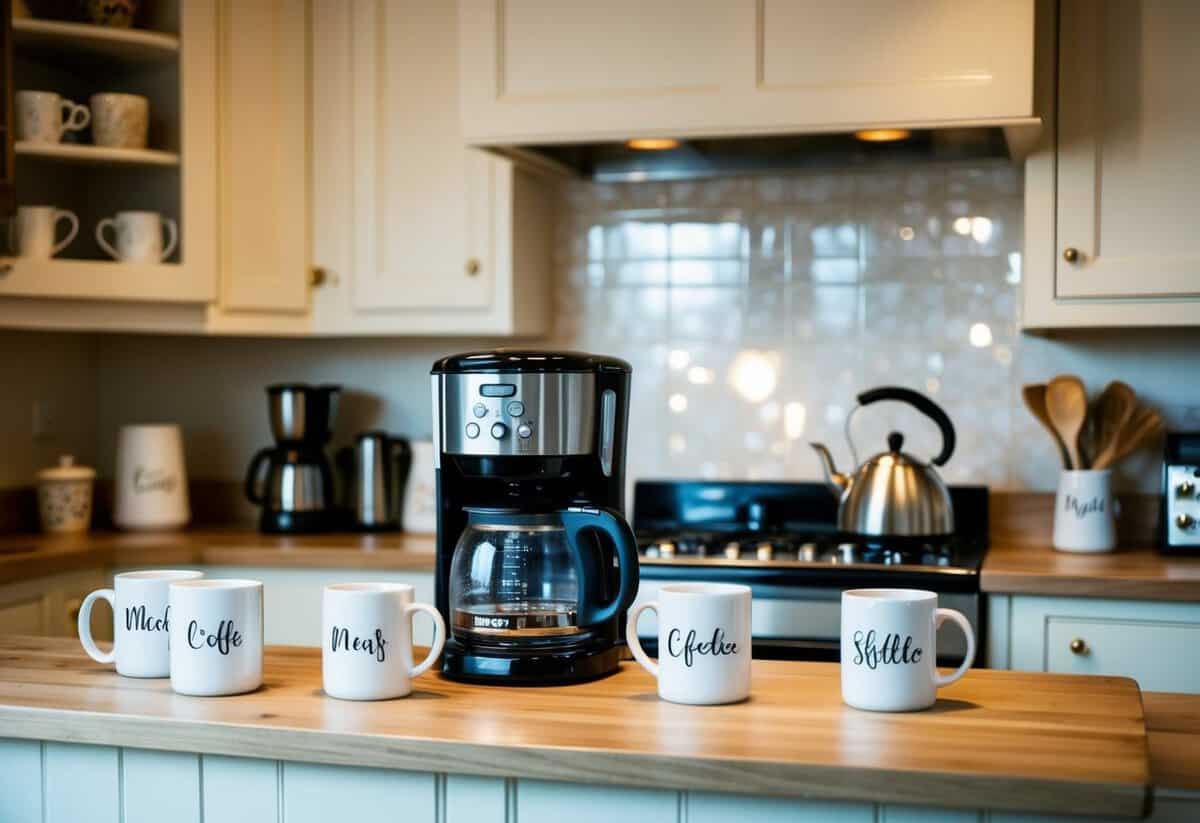 A cozy kitchen with a coffee maker, tea kettle, and personalized mugs on the counter