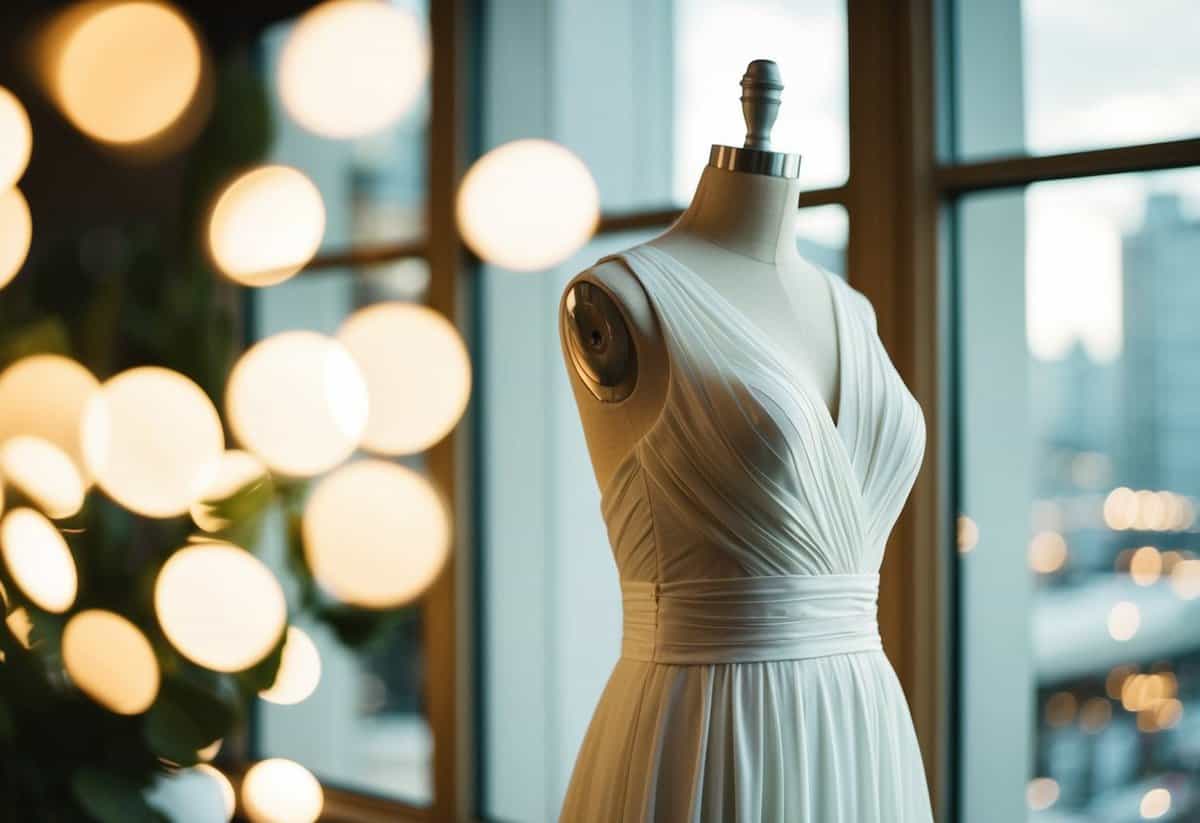 A flowing silk chiffon wedding dress on a mannequin