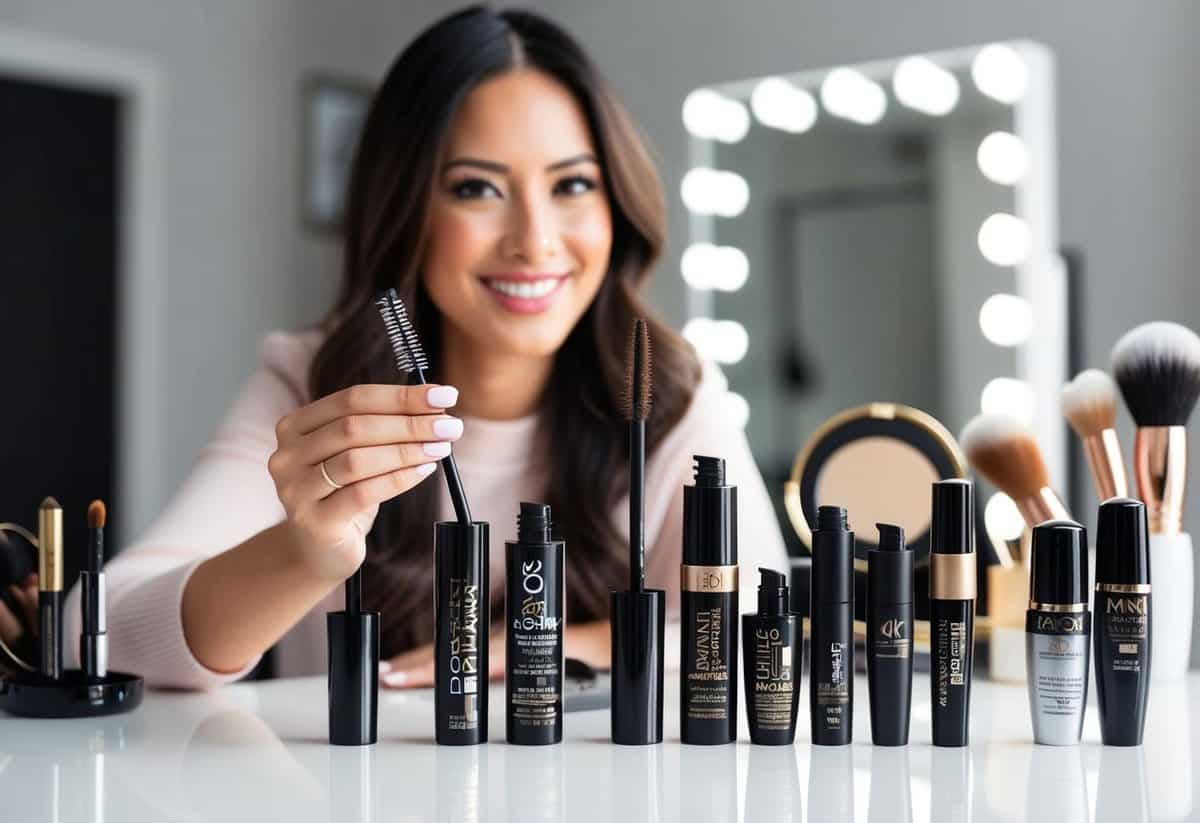 A woman holding a mascara wand, surrounded by various mascara formulas displayed on a table, with a mirror and makeup brushes in the background