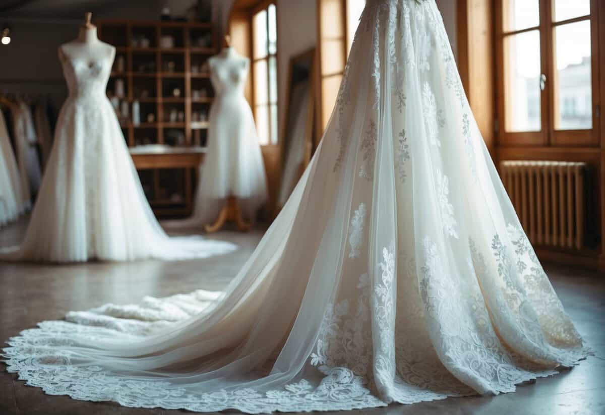 A flowing white wedding gown made of delicate French lace, draped over a mannequin in a sunlit atelier