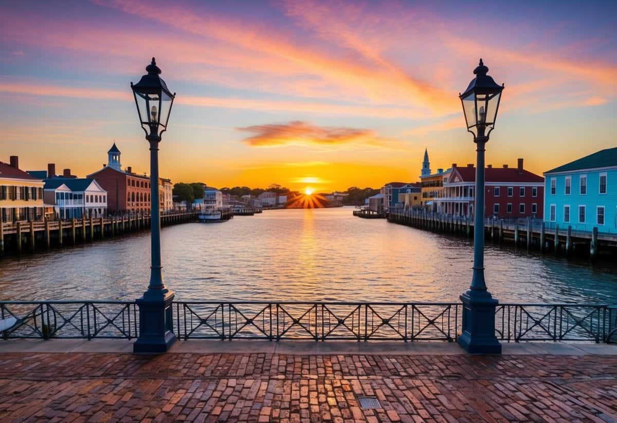 A romantic sunset over the historic waterfront of Charleston, South Carolina, with cobblestone streets and colorful buildings lining the harbor