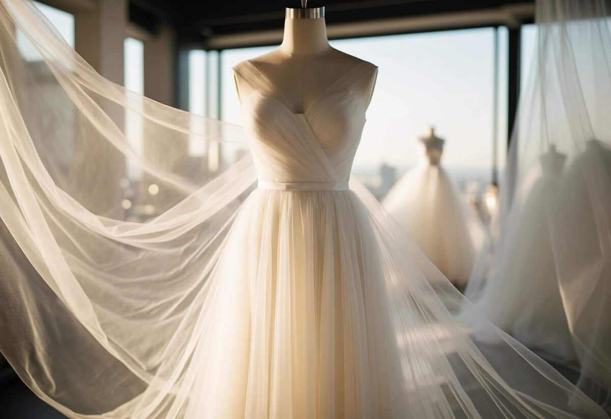 A flowing, ethereal tulle wedding dress draped over a mannequin, catching the light and creating a soft, romantic ambiance