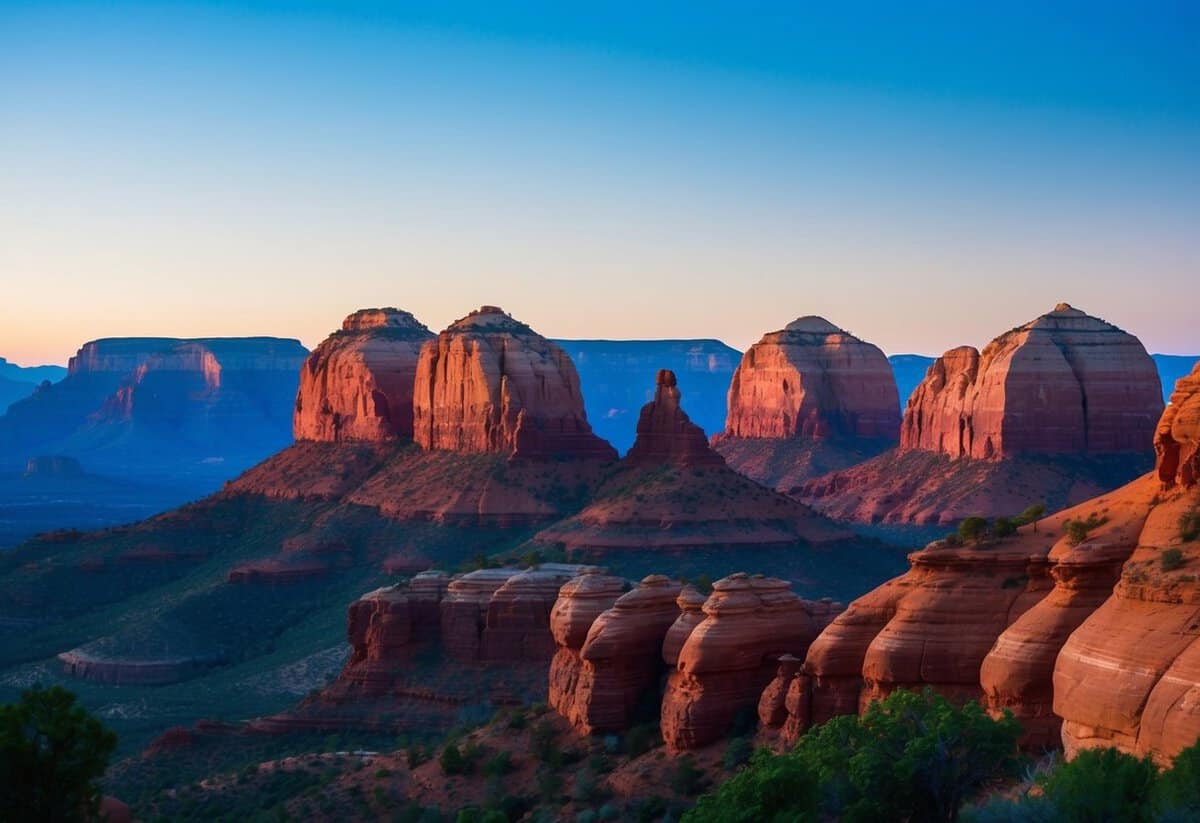 A stunning view of Sedona's red rock formations at sunset, with a backdrop of clear blue skies and lush greenery