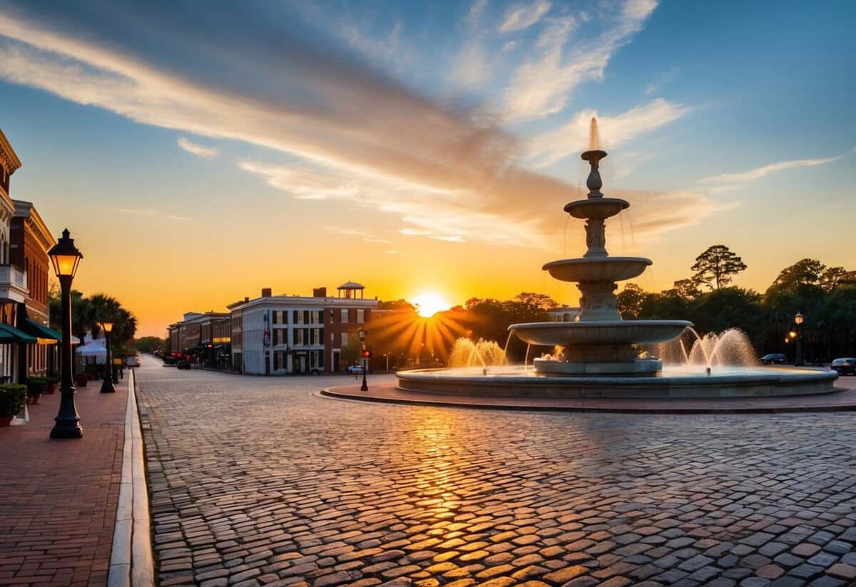 A romantic sunset over the historic cobblestone streets of Savannah, Georgia, with the iconic Forsyth Park fountain in the background