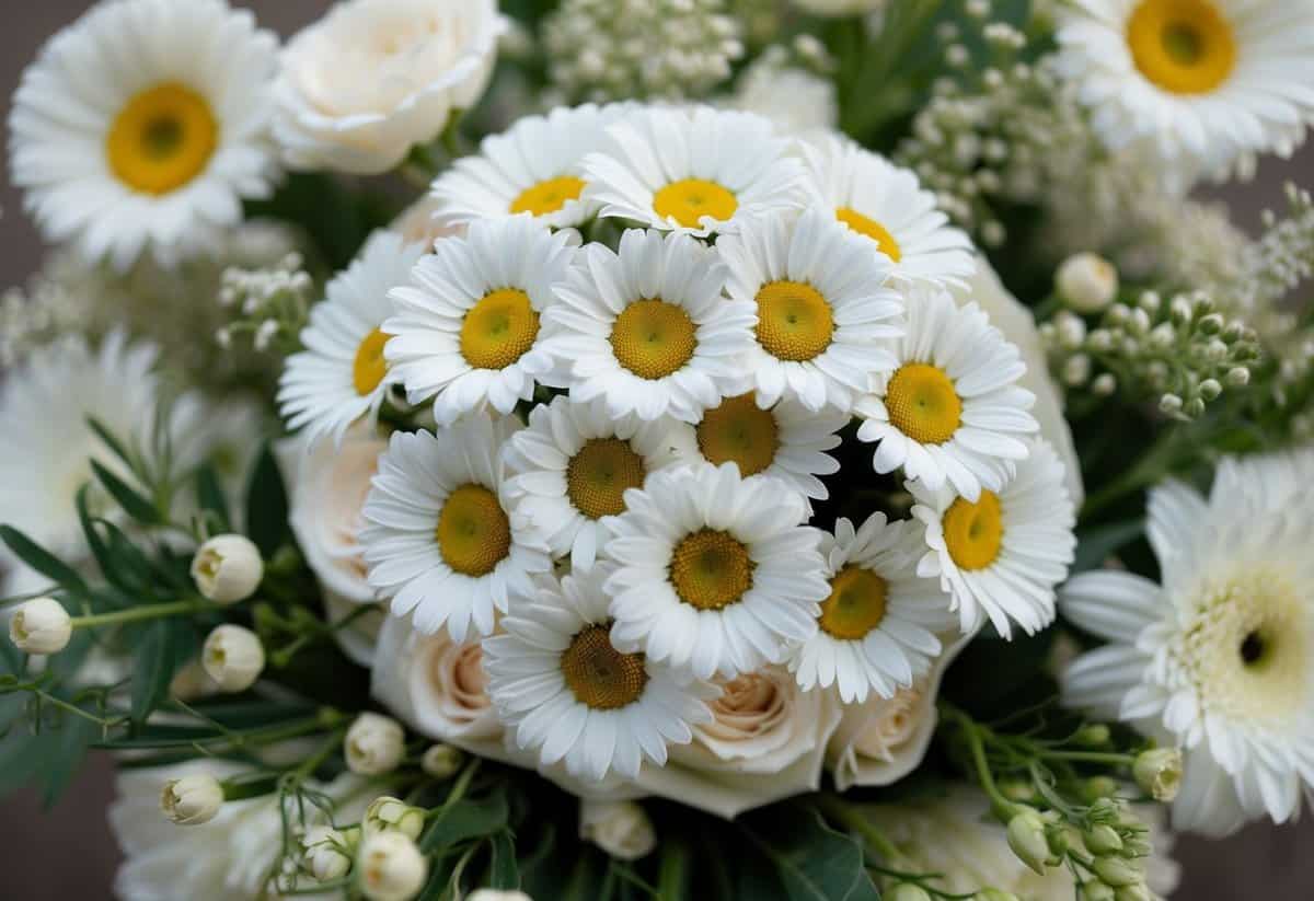 A bride's bouquet of white daisies, surrounded by delicate floral arrangements, evokes the romantic scent of Marc Jacobs Daisy Love