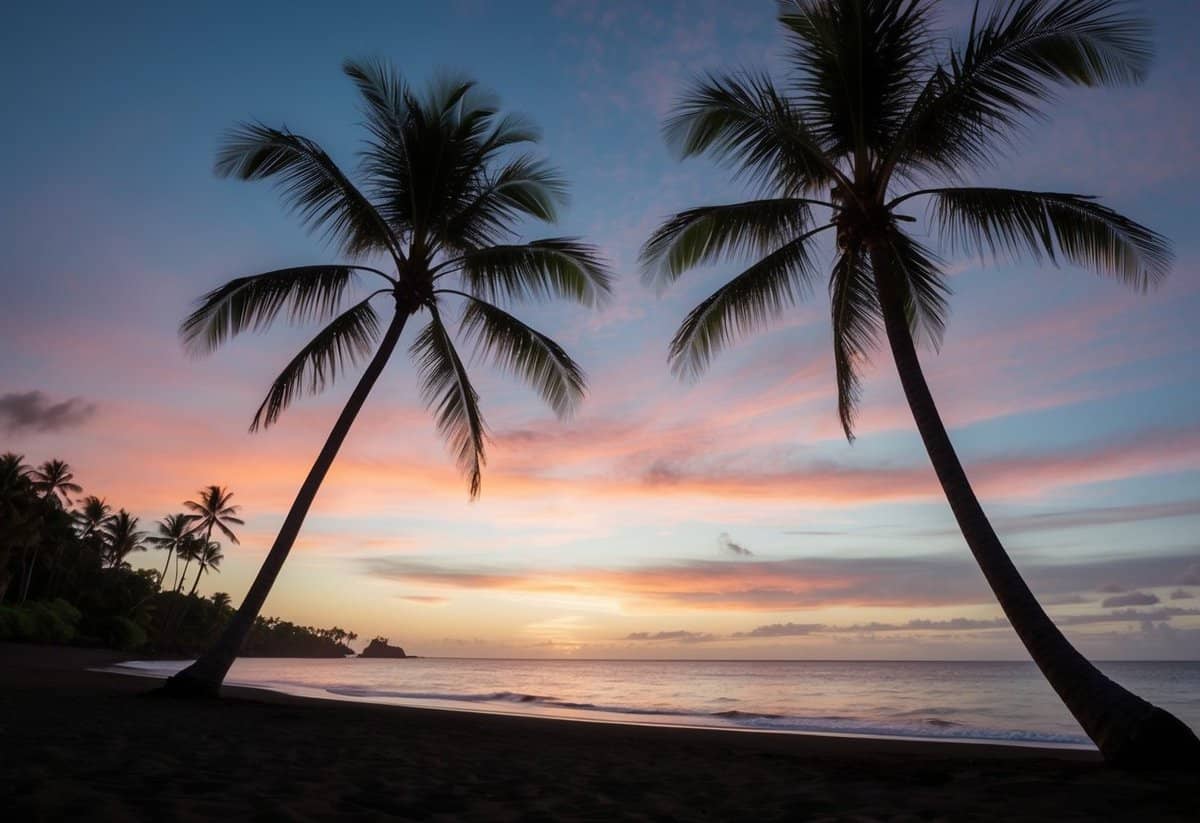 A serene beach at sunset, with palm trees and a colorful sky, sets the perfect backdrop for a romantic wedding anniversary in Maui, Hawaii