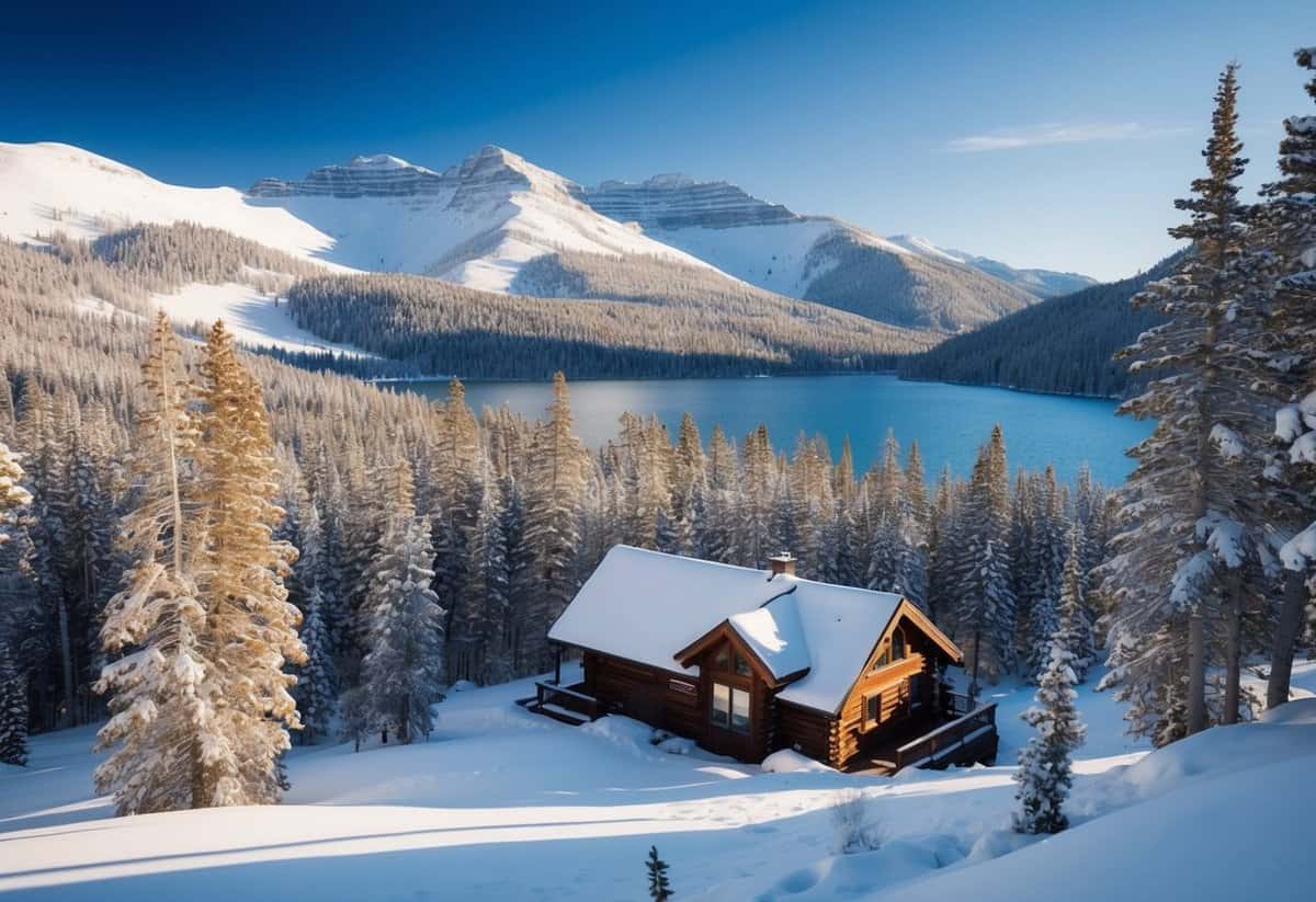 A cozy cabin nestled among snow-covered aspen trees in the mountains of Colorado, with a clear blue sky and a serene lake in the background