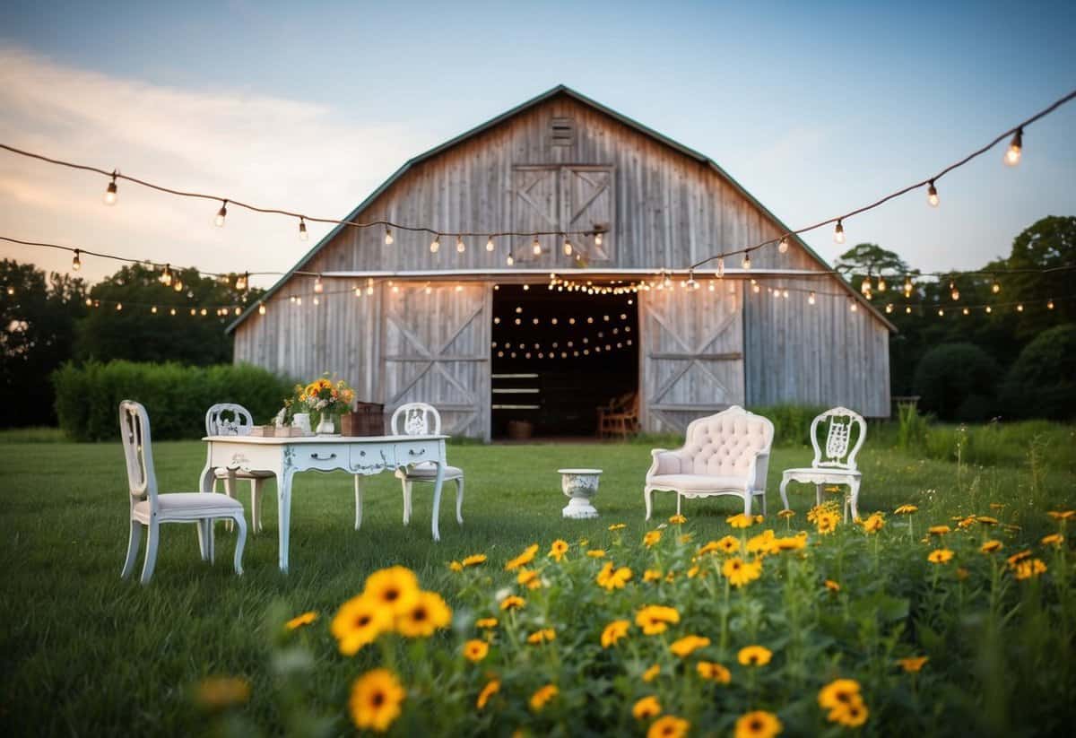 A weathered barn with string lights, vintage furniture, and wildflowers