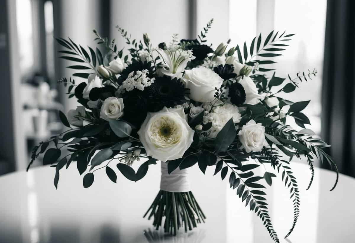 A beautiful, elegant wedding bouquet in a black and white color scheme, with classic flowers and foliage arranged in a stylish and timeless manner