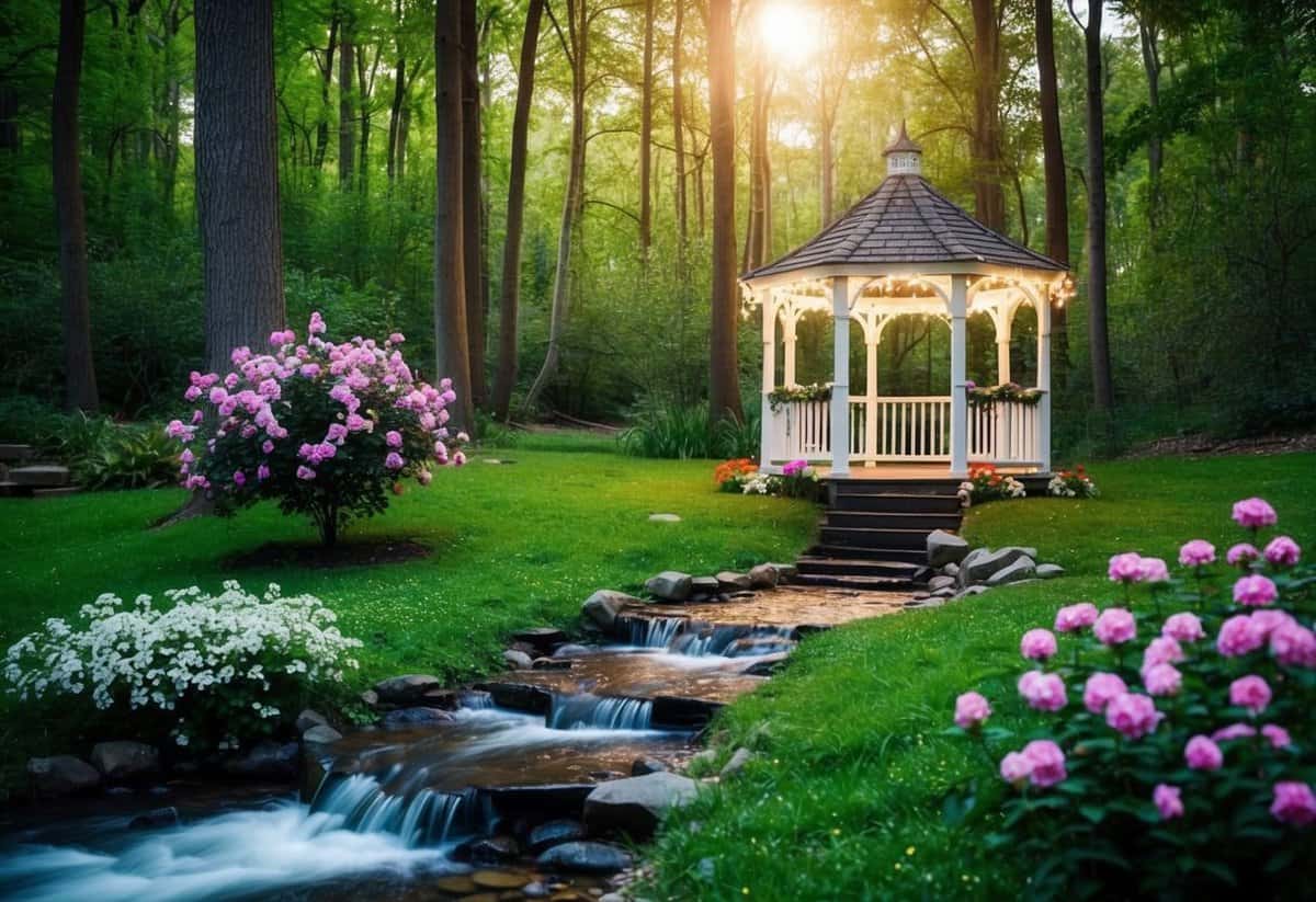 A magical forest clearing with a sparkling stream, blooming flowers, and a romantic gazebo adorned with fairy lights