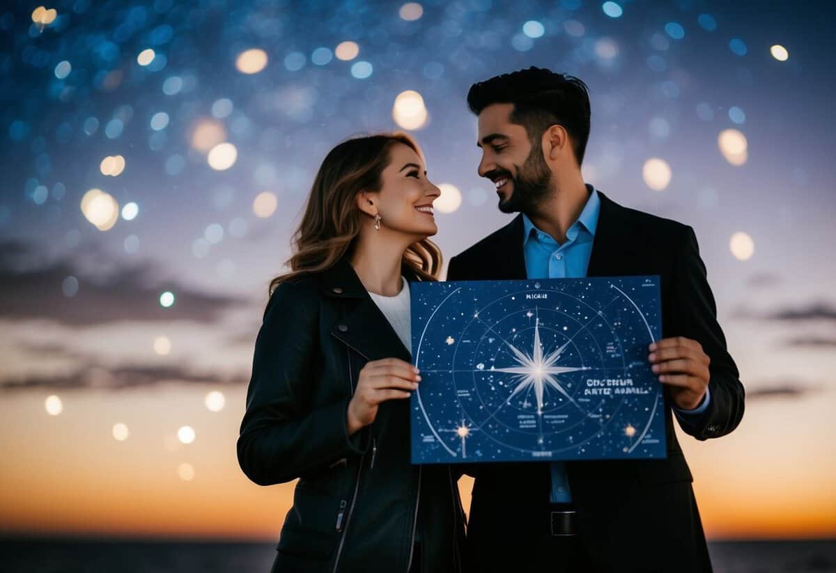 A couple standing under the night sky, with a personalized star map in hand, surrounded by romantic ambiance