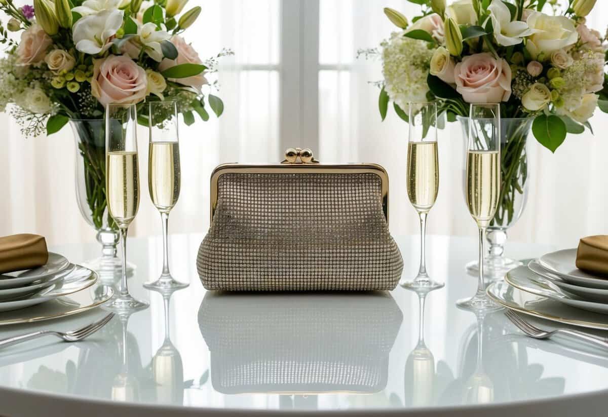 A luxurious Mrs. Clutch Bag sits on a pristine white table, surrounded by delicate floral arrangements and sparkling champagne glasses