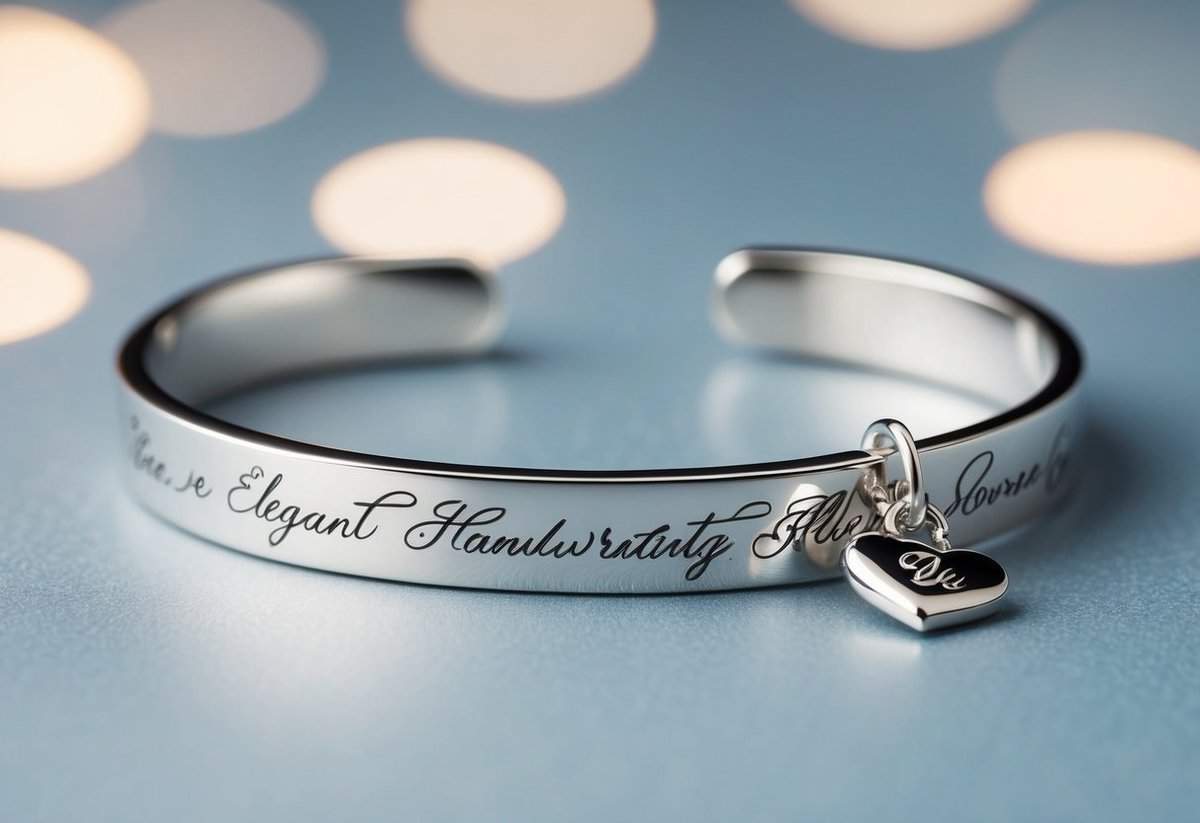 A delicate silver bracelet engraved with elegant cursive handwriting, adorned with a heart-shaped charm