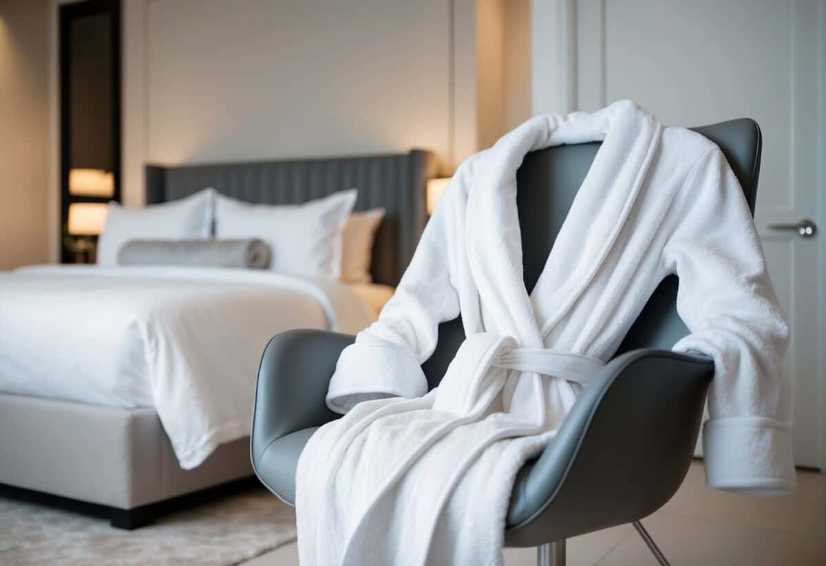 A plush, white luxury bathrobe draped over a sleek, modern chair in a softly lit bedroom