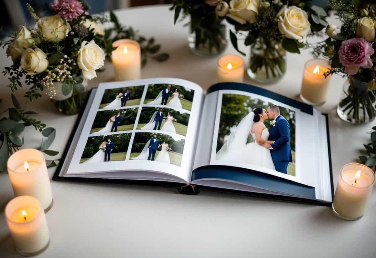 A photo album open on a table, filled with pictures of a couple's wedding day, surrounded by flowers and candles