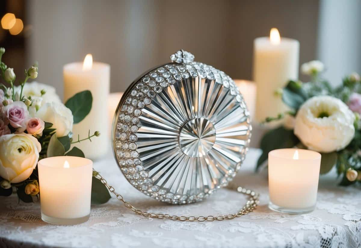 A sparkling crystal starburst clutch sits on a lace-covered table, surrounded by delicate floral arrangements and softly glowing candlelight