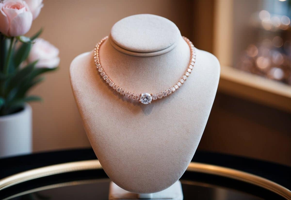 A sparkling rose gold diamond necklace displayed on a velvet jewelry stand