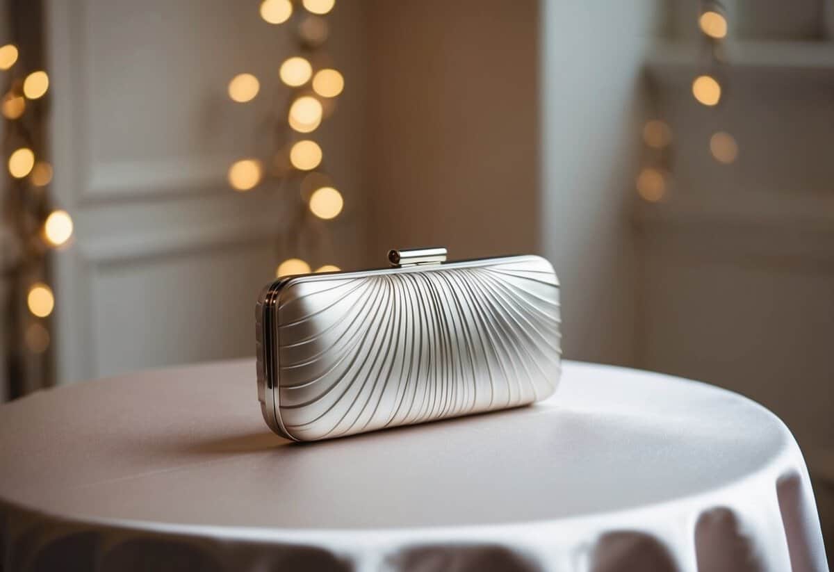 A sleek, elegant clutch sits atop a satin-covered table, catching the light with its metallic details