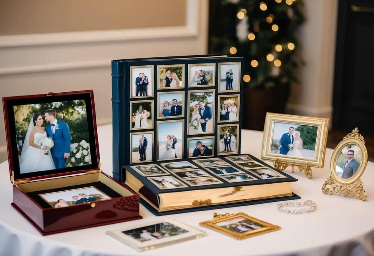 A beautifully decorated photo album with wedding pictures and anniversary memorabilia displayed on a table