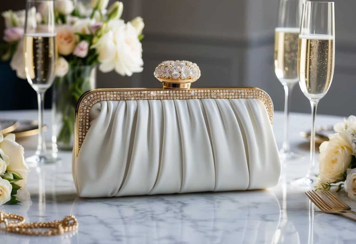 A luxurious white and gold Oscar de la Renta Goa Clutch sits on a pristine marble table, surrounded by delicate floral arrangements and sparkling champagne glasses