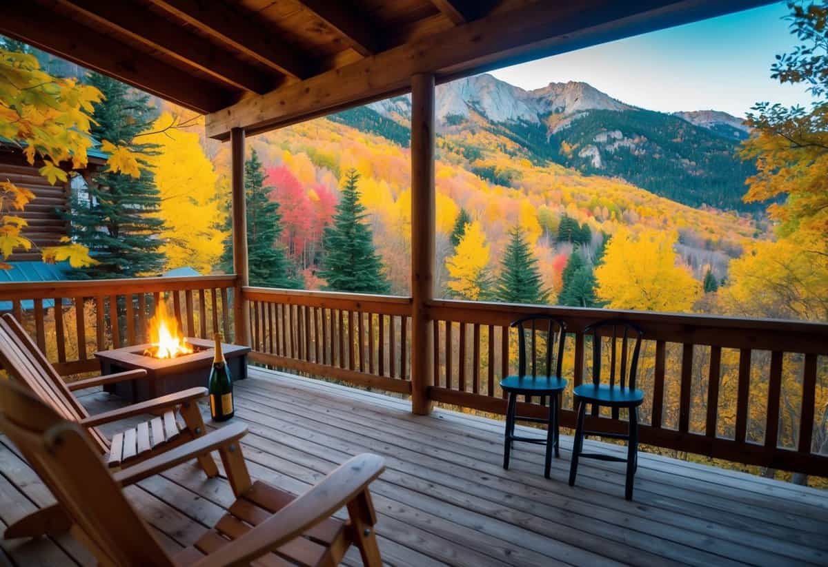 A cozy cabin nestled in the mountains, surrounded by colorful autumn foliage. A crackling fire, a bottle of champagne, and two empty chairs on the porch