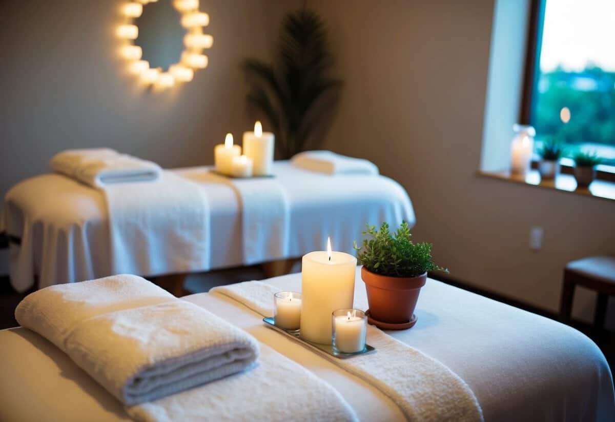 A serene spa setting with two massage tables, soft lighting, and soothing music. Aromatherapy candles and potted plants create a peaceful atmosphere