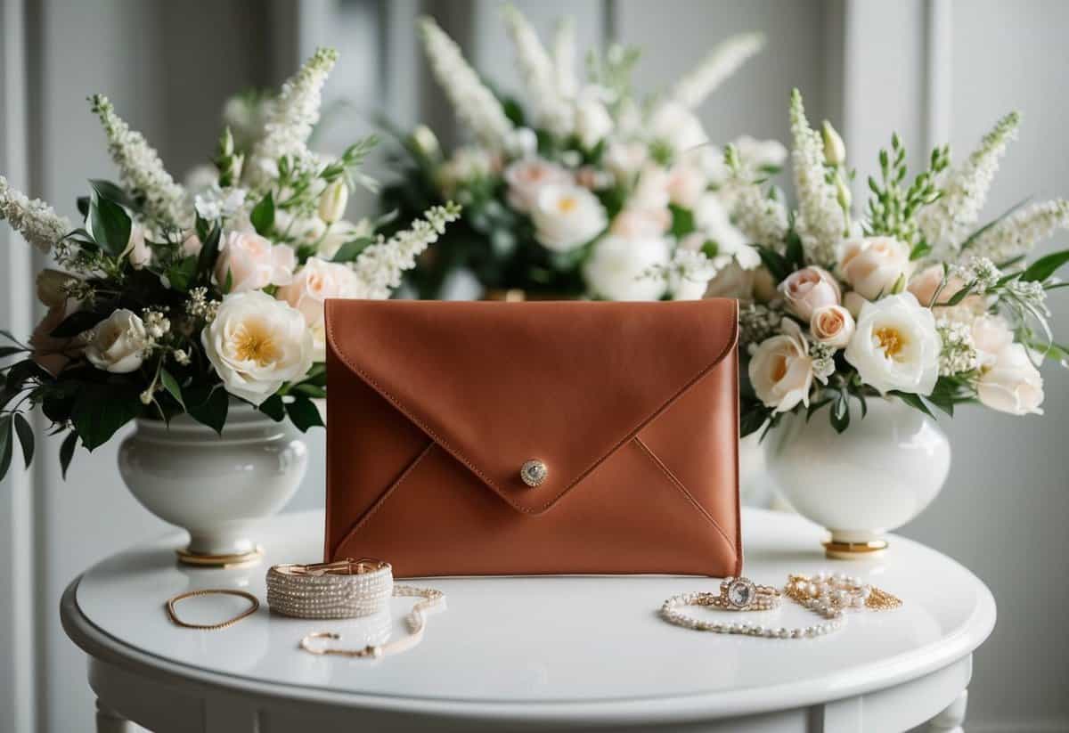 A luxurious leather envelope clutch sits on a pristine white table, surrounded by delicate floral arrangements and sparkling jewelry