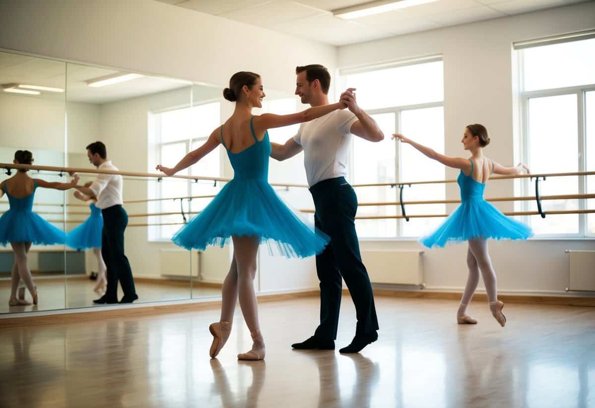 A couple twirls in a sunlit studio, surrounded by mirrors and ballet bars, as their private dance instructor guides them through graceful movements